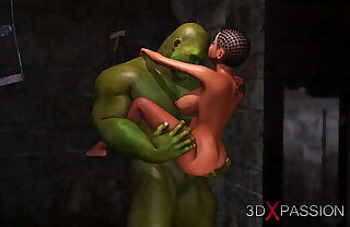 Young horny ebony slave gets fucked by big green monster in the dungeon