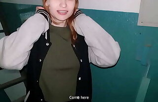 Redhead girl sucked in the stairwell while parents were at home